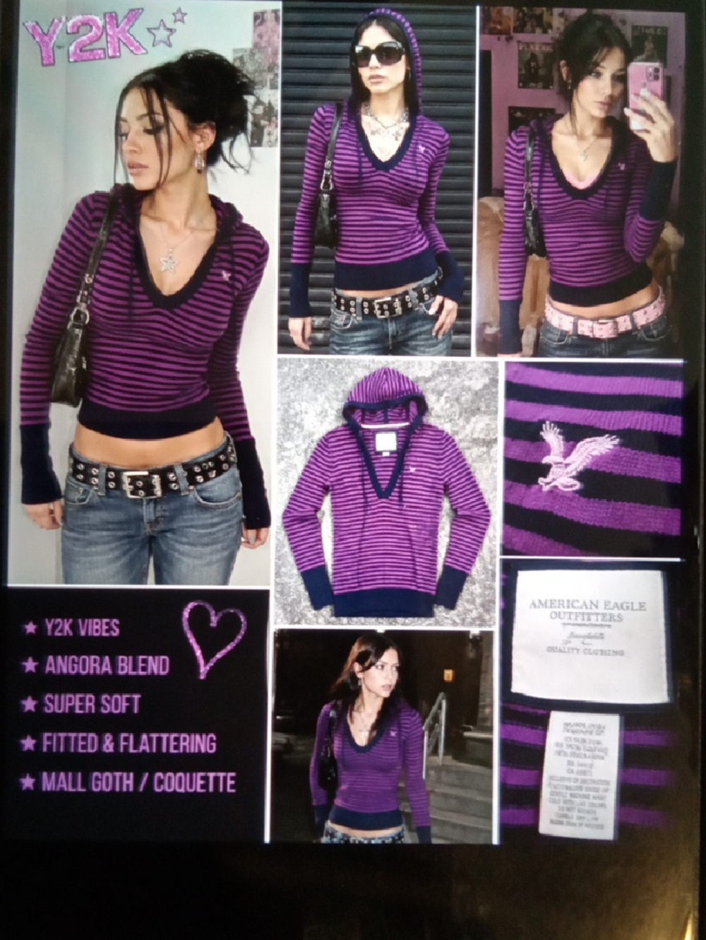 American Eagle Outfitters Y2k Preppy Purple V Neck Hooded Sweater Womens M